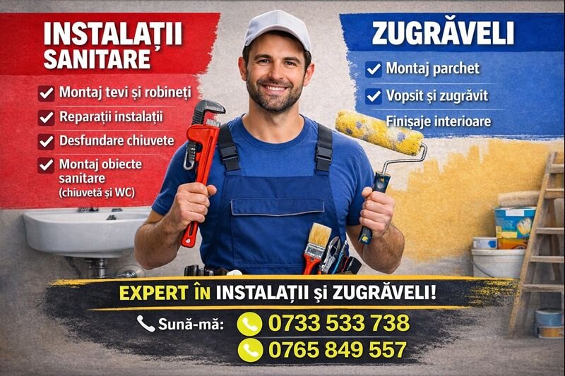 Instalator sanitar, grupuri sanitare,zugraveli,montat parchet si rigips